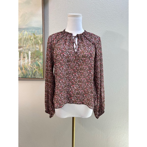 MINKPINK Tops - MINKPINK Floral Chiffon Blouse Sheer Long Sleeve Tie Neck Cottagecore XS
